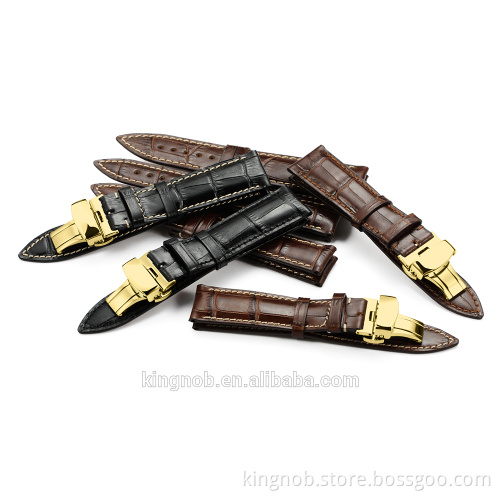 18 to 22mm Stainless Steel Gold Deployment Clasp Calf Leather Watch Band Strap
